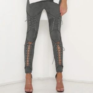 Grey laceup suede leggings
